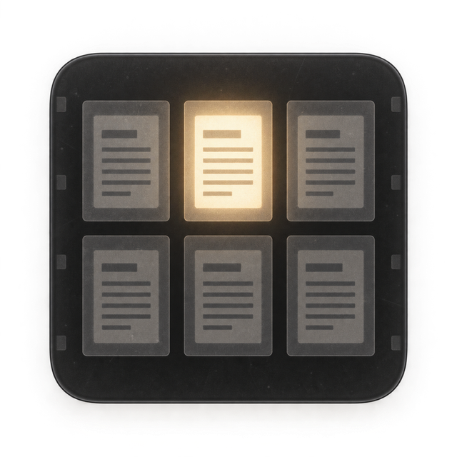 Fiche app icon: a grid of document cards with one glowing